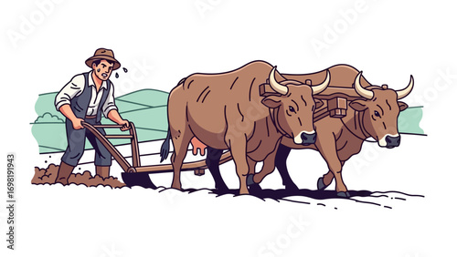 Hardworking Farmer with Oxen: A farmer, weathered by the sun, guides a pair of strong oxen as they work together to cultivate the earth using a traditional plow.