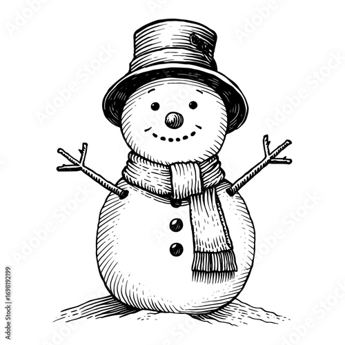 Snowman with a top hat and scarf in a vintage style in black and white