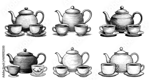 Set of vintage teapot and teacup line drawings, black and white
