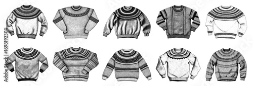 Collection of crewneck sweaters in vintage illustration style, black and white