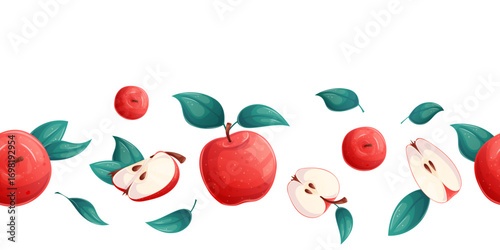 Seamless border with apples on a white background. Whole apple, half apple, sliced apple. Vector illustration for the design of postcards, advertisements, banners, posters.