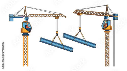 Lifting Beams: Two cranes at a construction site diligently lift metal beams, showcasing the collaborative efforts of industry, construction, and precise engineering.