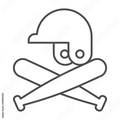 Crossed bats with helmet thin line icon, baseball game concept. Vector graphics. Bats pair and sport hat, attribute sign on white background, outline style icon for mobile or web design.