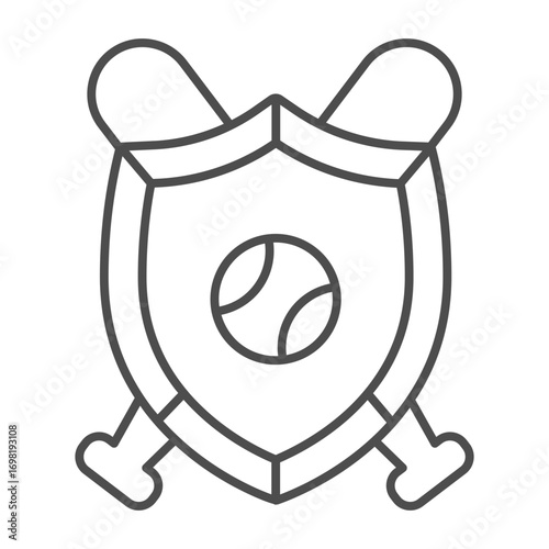 Baseball bats with ball on team shield thin line icon, baseball game concept. Vector graphics. Crossed bats and sport emblem sign on white background, outline style icon for mobile or web design.