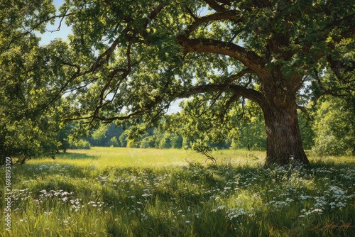 Wallpaper Mural Wide shot of a large oak tree in a meadow filled with wildflowers, bathed in sunlight Torontodigital.ca