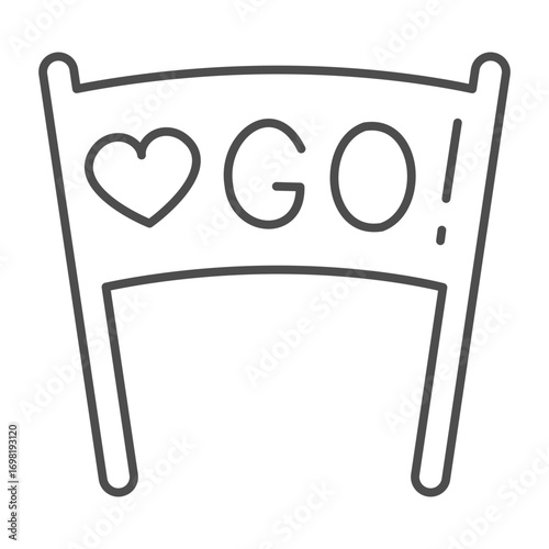 Poster with GO word and heart thin line icon, sport concept. Vector graphics. Sport team fan banner, fun attribute sign on white background outline style icon for mobile or web design.
