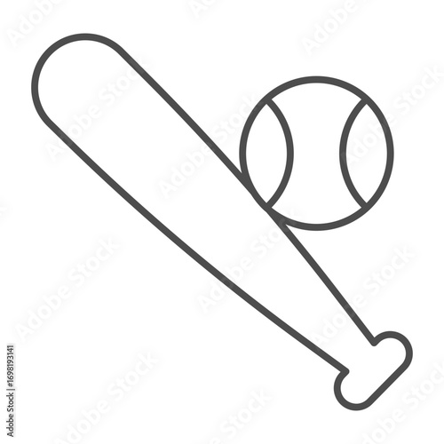 Baseball ball with bat thin line icon, baseball game concept. Vector graphics. Bat and ball, sport attribute sign on white background, outline style icon for mobile or web design.