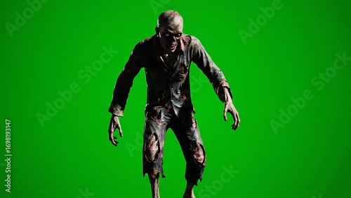 Zombie Apocalypse:  Horrifying Undead Creature Walks Towards Camera on Green Screen