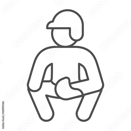 Baseball player thin line icon, baseball game concept. Vector graphics. Man in helmet with glove sign on white background, outline style icon for mobile or web design.