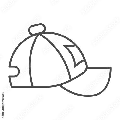 Hat of game fan thin line icon, baseball game concept. Vector graphics. Baseball cap with famous team emblem, clothes sign on white background, outline style icon of mobile or web design.