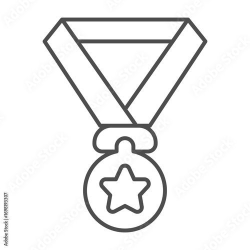 Winner medal with ribbon thin line icon, baseball game concept. Vector graphics. Medal with star, sport award sign on white background, outline style icon for mobile or web design.