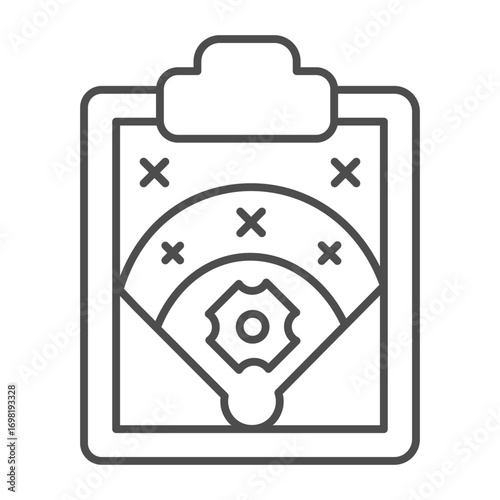 Notepad with field map thin line icon, baseball game concept. Vector graphics. Baseball team strategy layout notes, sport sign on white background, outline style icon for mobile or web design.