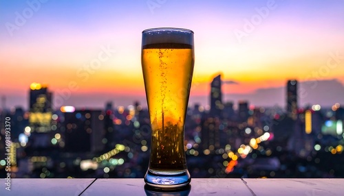 Golden beer with city views