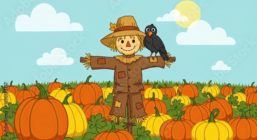 Cartoon Scarecrow with Black Bird Standing in Pumpkin Field on Sunny Day