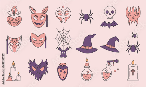 A set of eight unique Halloween-themed illustrations features ghosts, pumpkins, bats, witches' hats, tombstones, and other spooky elements, perfect for autumn and Halloween designs.