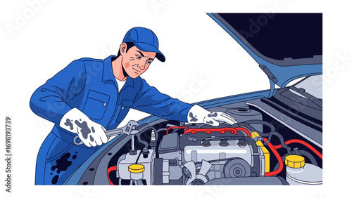 Car Mechanic at Work: A skilled mechanic in work clothes focuses intently on a car engine, skillfully using a wrench to diagnose and repair the vehicle's mechanics.