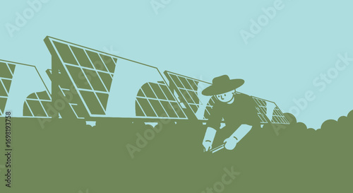 Solar Farm Worker Maintaining Renewable Energy Panels Cartoon Illustration