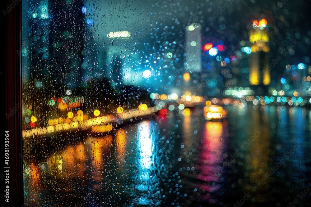 Obraz premium Rainy Night Cityscape Through A Window