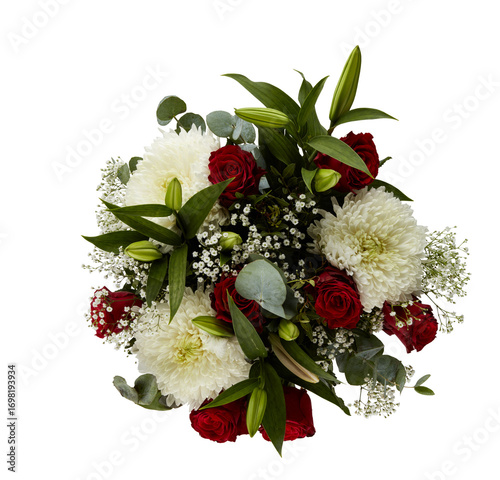 Bouquet of roses, red and yellow chrysanthemums, top view cut out isolated transparent background