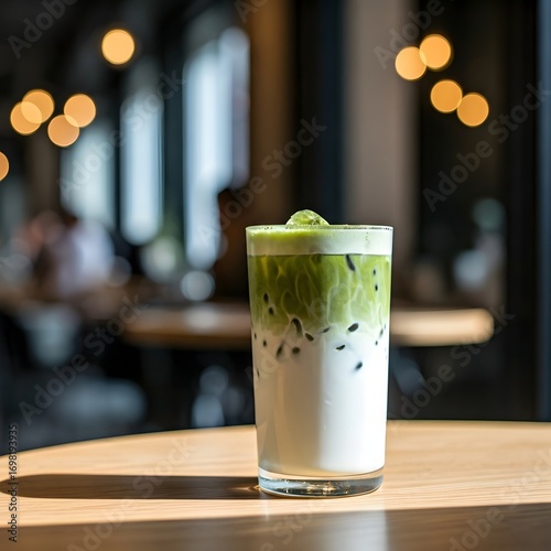 Iced Matcha Latte on wooden table in cafe, sunlight.