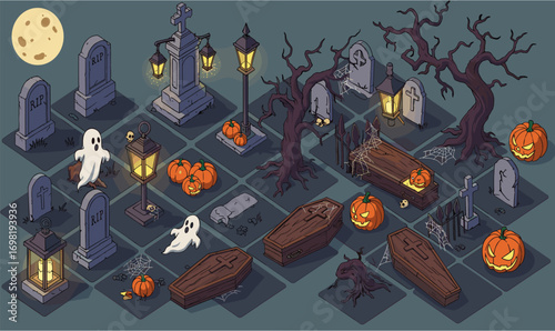 A spooky Halloween scene featuring various elements like tombstones, coffins, jack-o'-lanterns, ghosts, and eerie trees under a full moon, creating a festive ambiance.