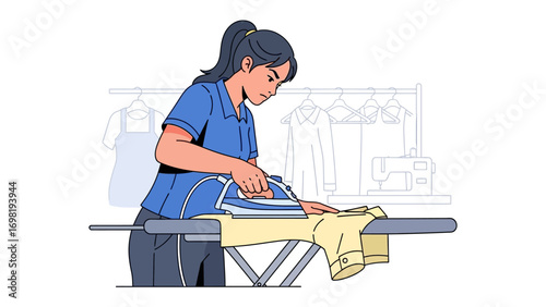 Crafting Crispness: An illustration of a diligent individual focused on ironing a garment, capturing the essence of domesticity and care.