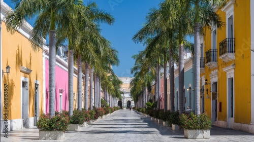 Colorful Colonial Street With Palm Trees In Valladolid, Mexico. Vibrant Architecture And Tropical Ambiance