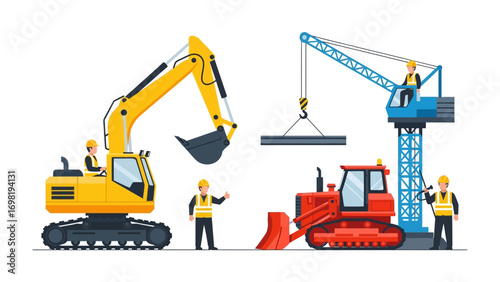 Construction Site Equipment: An illustration showcasing a construction site scene with heavy equipment, depicting the process of building and development.