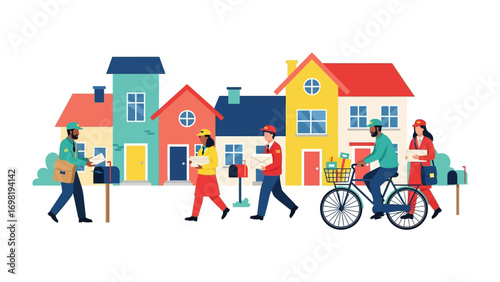 Neighborhood Delivery: A vibrant illustration showcasing postal workers on their daily rounds in a colorful neighborhood. conveying efficiency, community, and the personal touch of local service.
