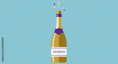 Celebration Time with Champagne Bottle and Sparkling Confetti against Light Blue Backdrop