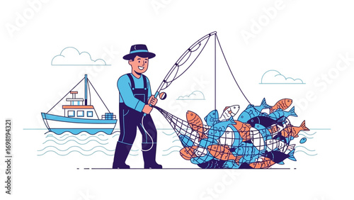 The Fisherman's Bounty: A determined fisherman skillfully hauls a brimming net, his hard work yielding an abundant catch of fish. A boat is in the background, a testament to the open sea's allure.