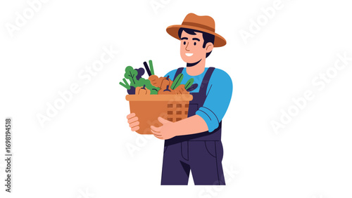 Farmer's Fresh Bounty: A cheerful farmer proudly presents a wicker basket overflowing with vibrant, freshly harvested produce. Symbolizing abundance and the rewards of hard work.