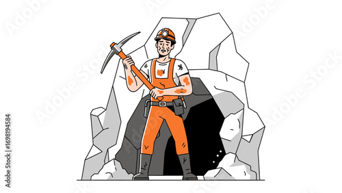 Mining Work: An illustration depicting a dedicated miner standing confidently before the entrance of a mine, brandishing a pickaxe and ready to work.