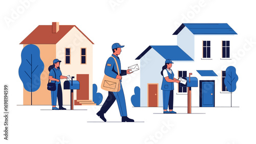 Delivering Community: A dedicated postman and postwomen diligently navigate their neighborhood, ensuring the seamless flow of mail and connection within the community.