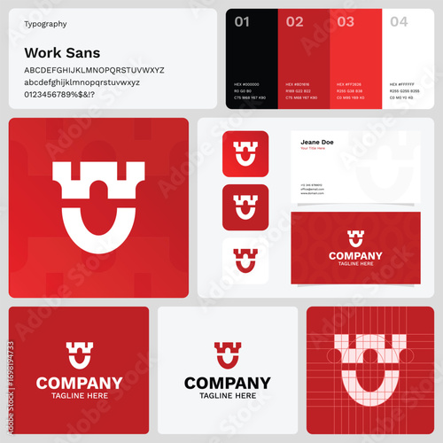 King shield U letter mark logo and brand identity template. Professional corporate style guide with business card mockup and color palette