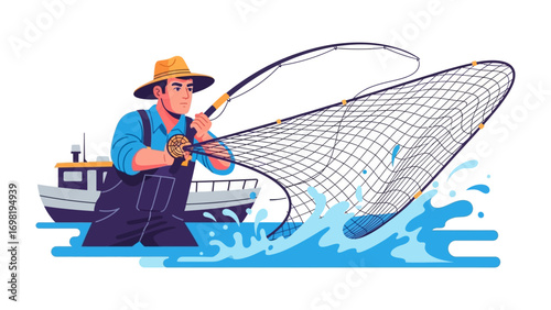 The Angler and The Catch: An illustration captures the essence of fishing, with a fisherman skillfully casting his net to reel in the prized catch, showcasing the harmony of man and the sea.