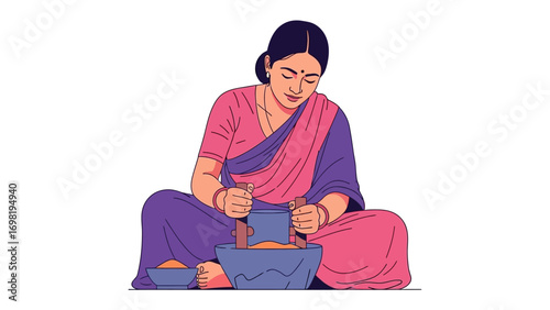 Grinding Stone: A woman diligently uses a grinding stone. Her focused expression shows her hard work and traditional method of food preparation.