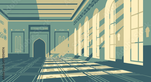 Arabesque Interior with Light and Shadow in Mosque Flat Vector