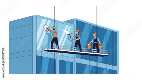 Building Facade Cleaning: Three diligent window cleaners suspended from a modern structure and performing their duties. The blue glass windows glisten with the reflection of the sky.