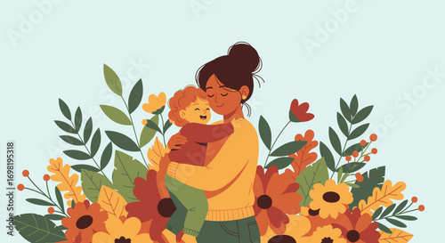 Loving embrace mother and child with floral illustration and gentle hues