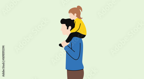 Father Carrying Daughter on Shoulders Flat Vector Illustration