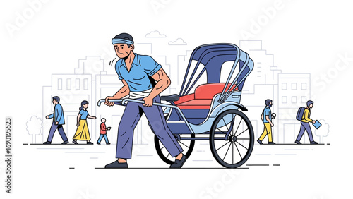 Rickshaw Ride: A traditional rickshaw, ready for passengers, is steered through a bustling city scene, showcasing a cultural mode of transport.