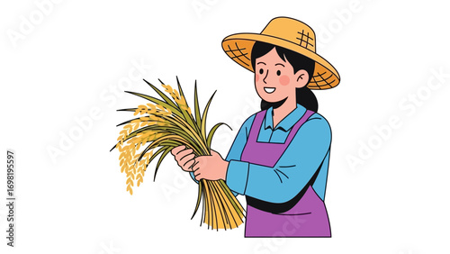 Harvest Time: A dedicated female farmer diligently gathers the golden harvest, showcasing the beauty of agriculture and the fruits of labor.
