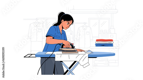The Art of Smooth: A focused woman carefully presses a shirt on an ironing board, a scene of domesticity captured with minimalist charm. Reflecting the rhythm of everyday tasks.