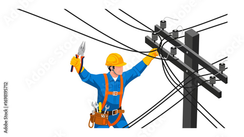 Working on the Wires: An electrician meticulously works amidst a complex network of wires on a power pole, showcasing a commitment to safety and precision in their crucial role.