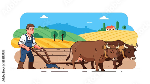 Rural Harvest: A farmer guiding oxen to plow a field, under a bright, sunny sky. Evoking a sense of traditional farming and the beauty of rural life.