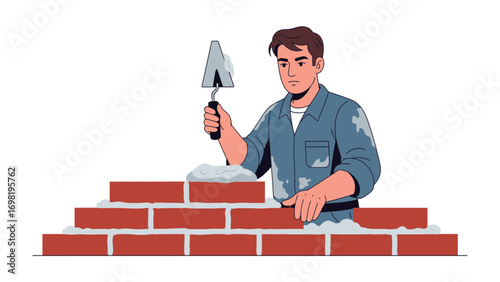 Construction Craftsman Building Brick Wall: A skilled craftsman meticulously builds a brick wall, embodying expertise and dedication in his construction work. 