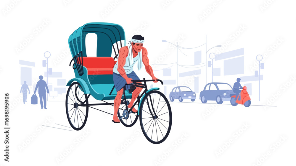 Fototapeta premium Urban Rickshaw Ride: A vibrant illustration captures the essence of urban travel, with a rickshaw navigating through a bustling city environment.