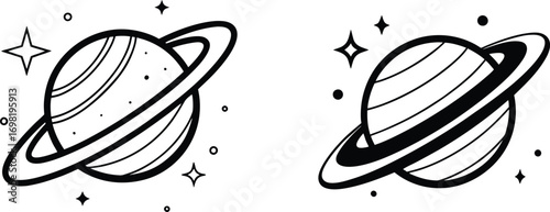 Two Cute Saturn Planets with Rings and Stars in Black and White
