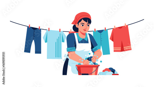 Vintage Laundry Day: A classic scene of domesticity unfolds as a woman diligently washes clothes, clothes drying on the line.